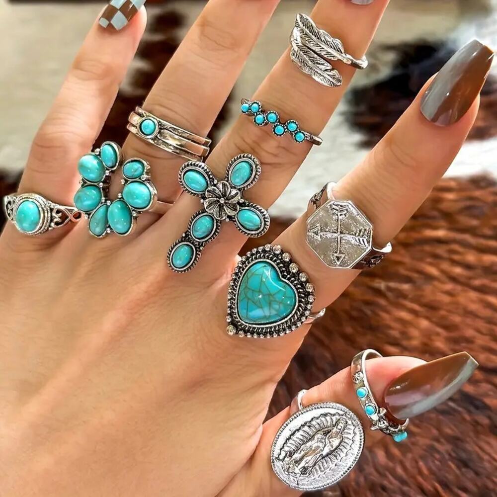 NEW 10pcs Boho Western Stacking Rings – Vintage Cross, Heart, & Floral Set